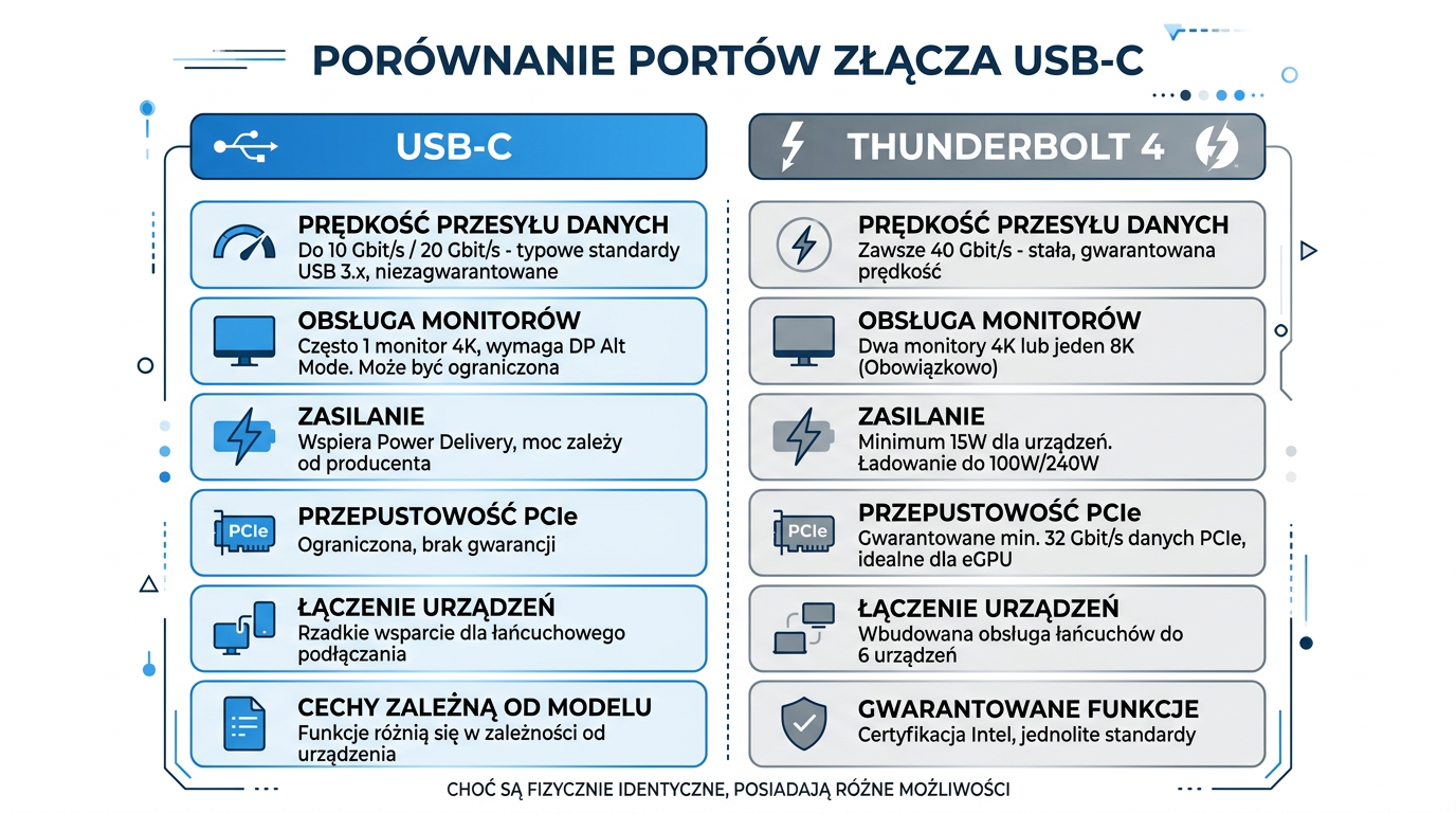 Infografika porównująca port USB-C i port Thunderbolt 4 – ten sam wtyk, różne możliwości