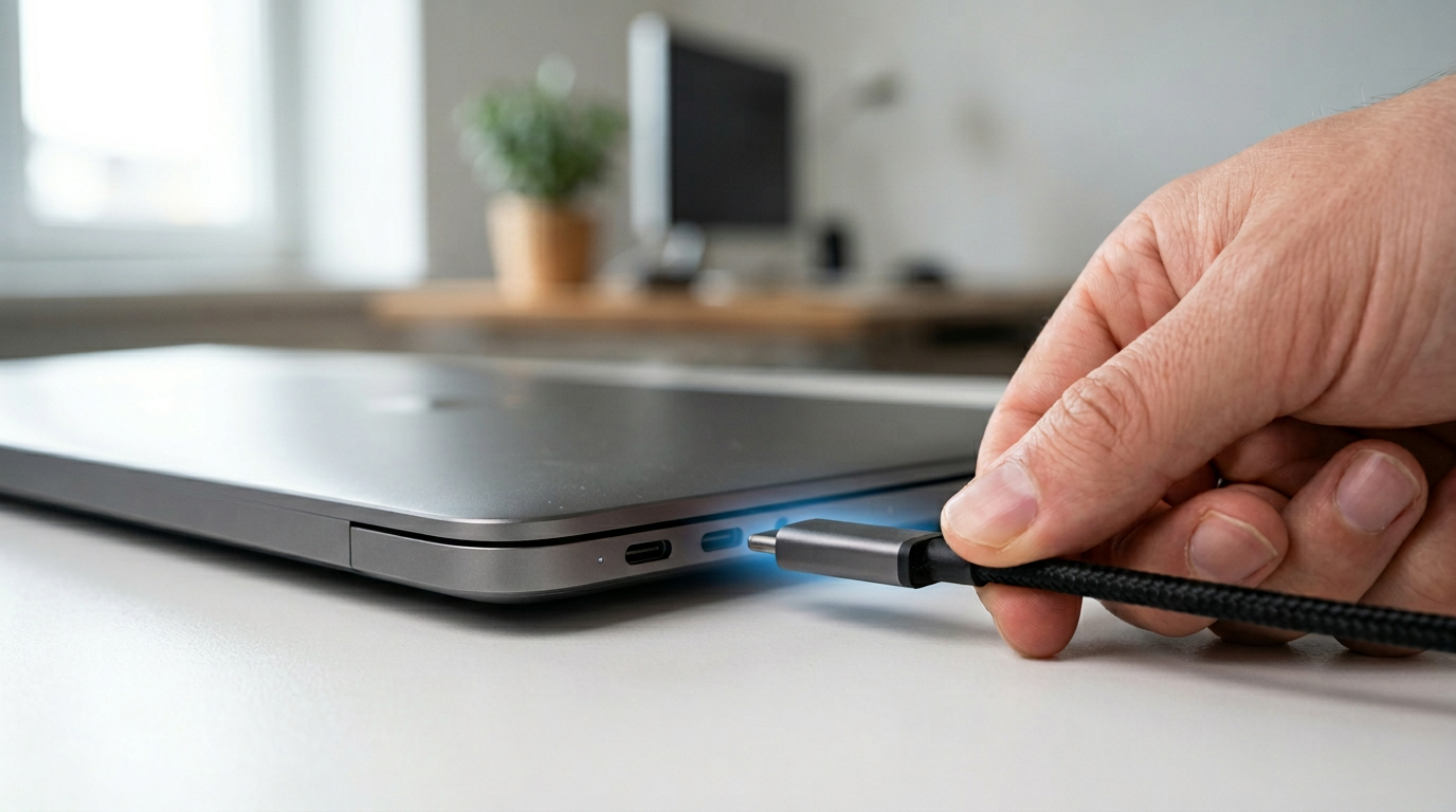 Nowoczesne czyste stanowisko biurowe z laptopem i kablem Thunderbolt USB-C – minimalistyczny setup z jednym kablem