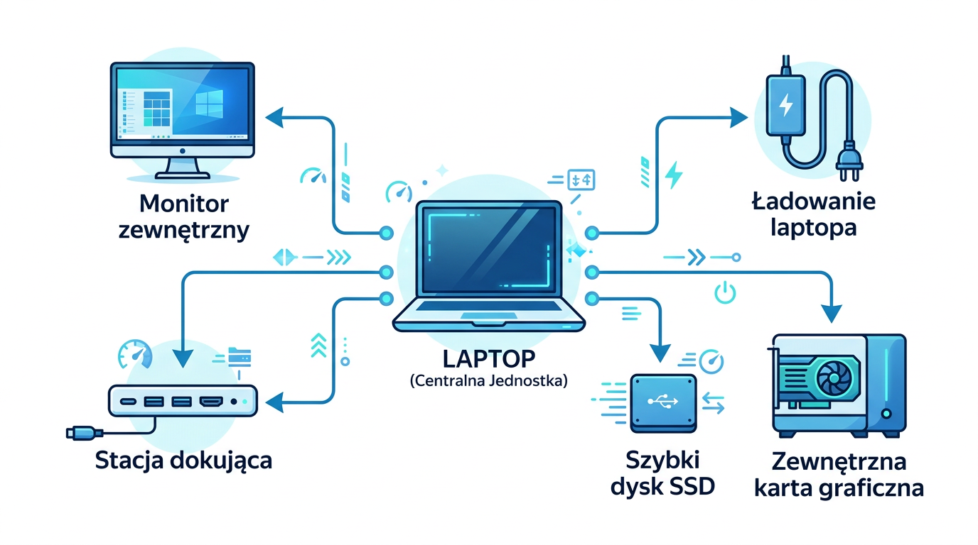 Diagram pokazujący laptop z podłączonymi przez Thunderbolt urządzeniami – monitor zewnętrzny, stacja dokująca, szybki dysk SSD, zewnętrzna karta graficzna, ładowanie laptopa – opisy po polsku