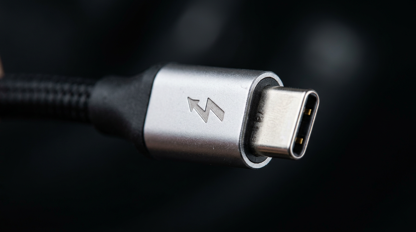 Zbliżenie makro na wtyk kabla Thunderbolt USB-C – widoczny metalowy konektor i symbol błyskawicy