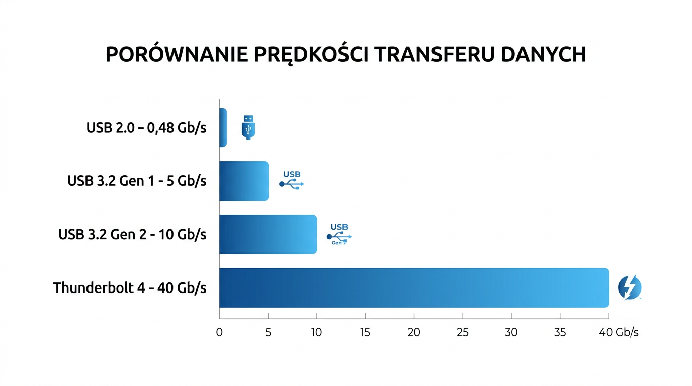 Infografika porównująca prędkości transferu danych – USB 2.0 vs USB 3.2 vs Thunderbolt 4 z oznaczeniami w Gb/s