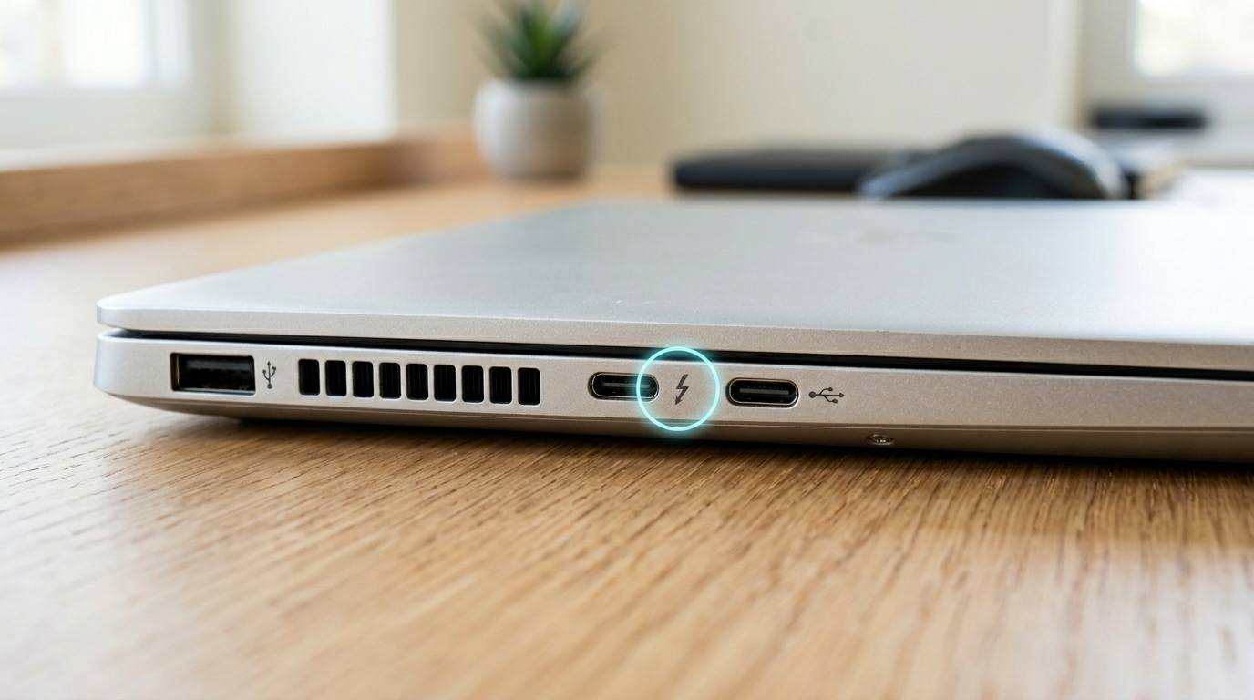 Zbliżenie na boczny port USB-C laptopa biznesowego z podświetlonym symbolem błyskawicy Thunderbolt obok złącza