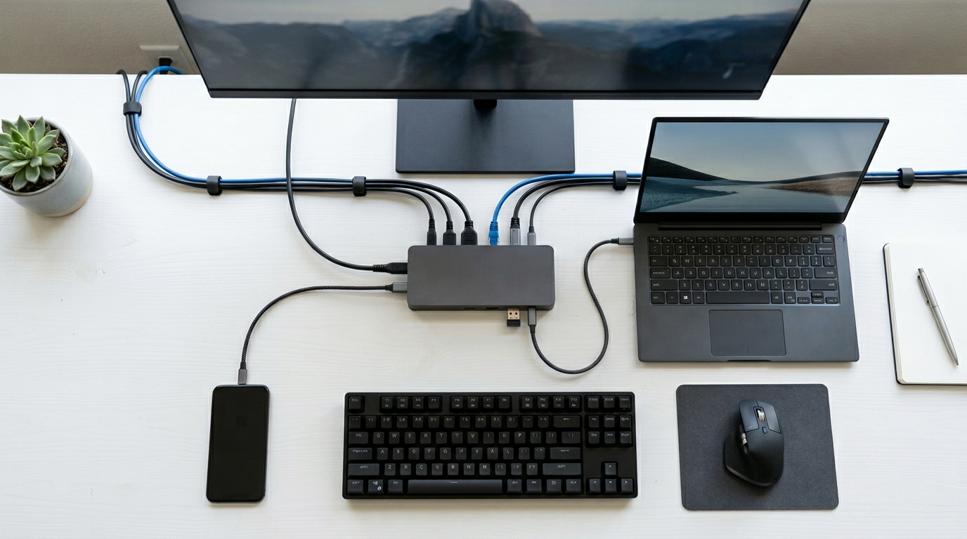 Stacja dokująca Dell na białym biurku podłączona jednym kablem USB-C do laptopa, z monitorem zewnętrznym, klawiaturą, myszą, kablem Ethernet i ładowarką telefonu