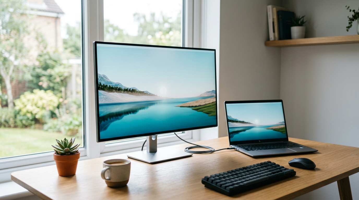 Cienki monitor 4K na czystym biurku podłączony jednym kablem USB-C do laptopa biznesowego – kabel zapewnia obraz i ładowanie jednocześnie