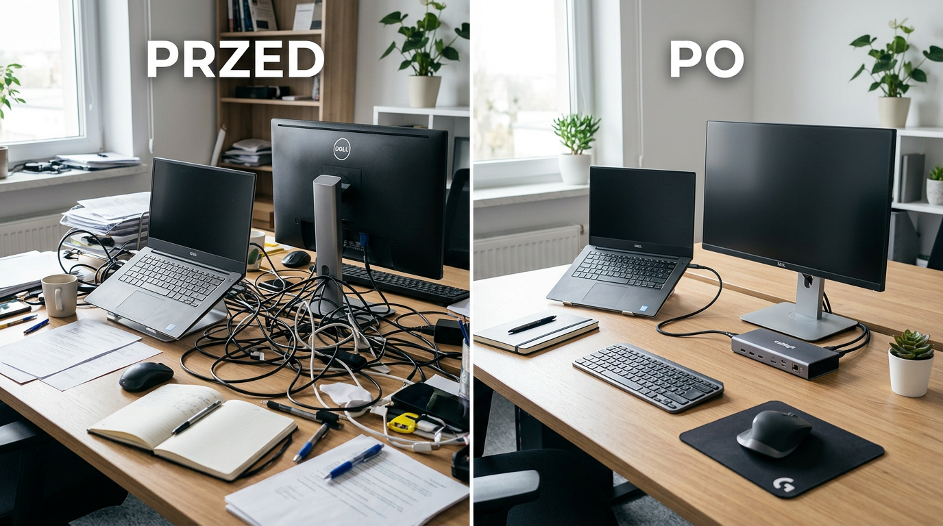Porównanie biurka przed i po zastosowaniu Thunderbolt – lewa strona z plątaniną kabli, prawa strona z jednym kablem USB-C podłączonym do laptopa i stacji dokującej, z napisami PRZED i PO