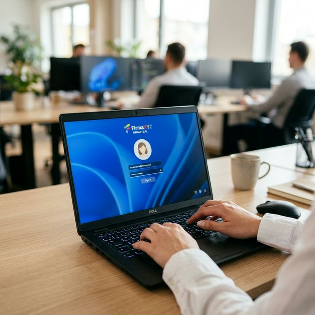 Zbliżenie na ekran laptopa biznesowego z ekranem logowania Windows 11 Pro do domeny firmowej – widoczne pole użytkownika z adresem email firmowym