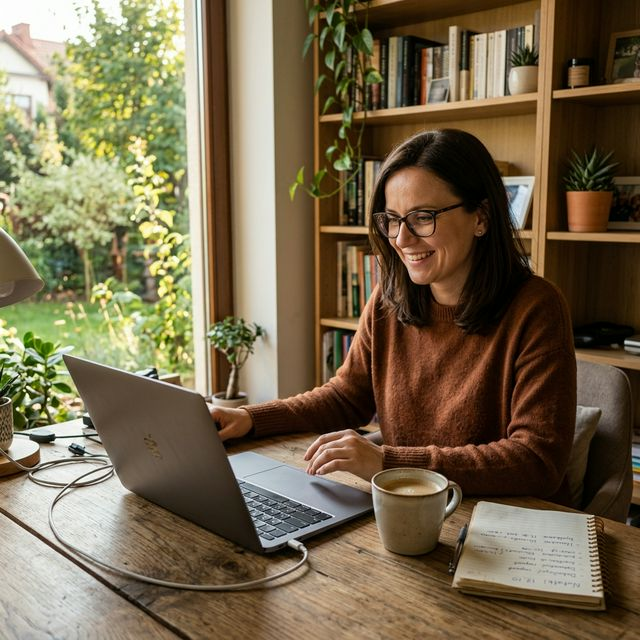 Specjalistka IT Anna pracuje zdalnie z domowego biura – na ekranie laptopa widoczne okno Pulpitu zdalnego z połączeniem do komputera biurowego, za oknem drzewa i popołudniowe światło