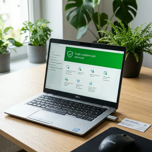 Laptop biznesowy Dell na czystym białym biurku wyświetlający dashboard Zabezpieczeń Windows z polskim komunikatem Twoje urządzenie jest chronione i zieloną ikoną tarczy – obok token USB