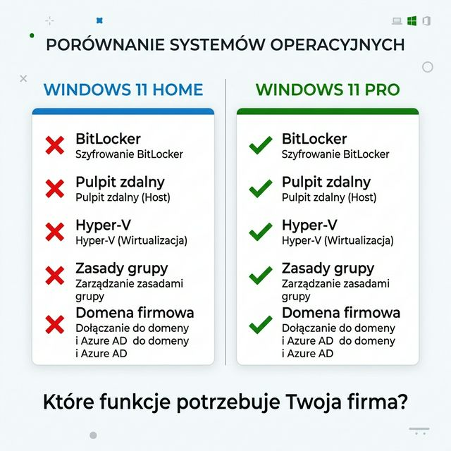 Infografika porównująca Windows 11 Home i Windows 11 Pro – dwie kolumny z polskimi opisami funkcji, Home z czerwonymi ikonami X, Pro z zielonymi ptaszkami
