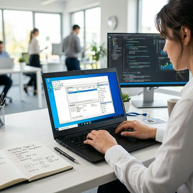 Ekran laptopa biznesowego z otwartym Menedżerem Hyper-V wyświetlającym listę dwóch uruchomionych maszyn wirtualnych – obok notatki techniczne i długopis na białym biurku