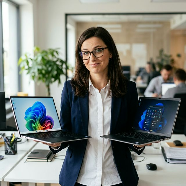 Specjalistka IT Anna z AG.pl stoi w jasnym biurze z dwoma laptopami – w jednej ręce laptop z Windows 11 Home, w drugiej z Windows 11 Pro, porównuje oba systemy