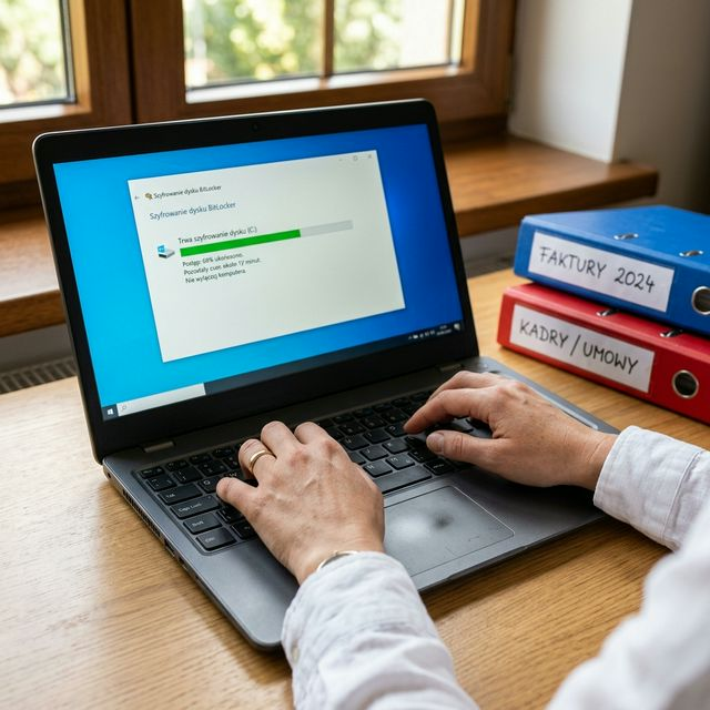 Specjalistka IT Anna aktywuje szyfrowanie BitLocker na laptopie biznesowym – na ekranie widoczne okno szyfrowania dysku, obok segregatory z etykietami FAKTURY i KADRY