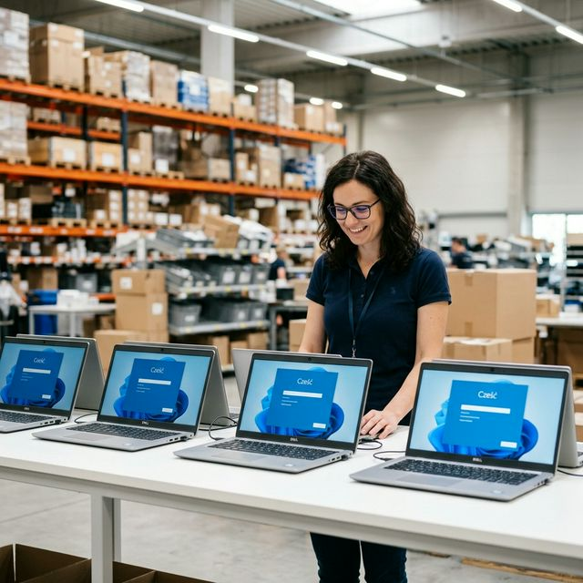 Specjalistka IT Anna w magazynie AG.pl przy stole z rzędem pięciu laptopów biznesowych Dell wyświetlających ekran konfiguracji Windows 11 Pro – regały z kartonami w tle