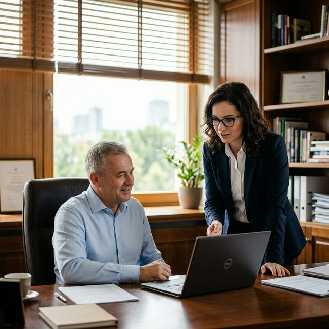Specjalistka IT Anna doradza właścicielowi firmy w eleganckim gabinecie – razem patrzą na ekran laptopa Dell z ustawieniami systemu, za oknem widok na miasto