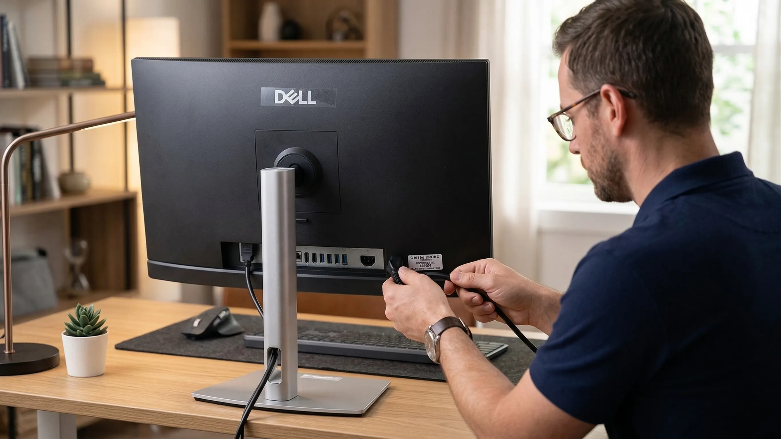 Arkadiusz podłącza Dell Pro 24 do zasilania w biurze