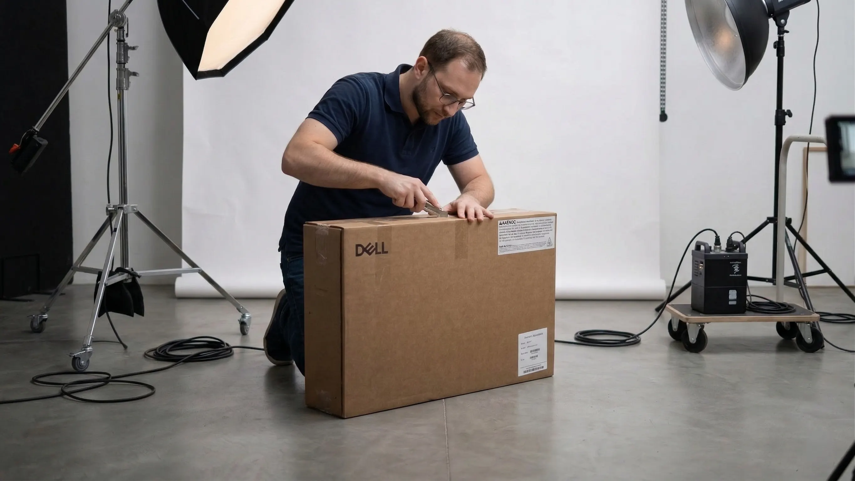 Arkadiusz otwiera karton z Dell Pro 24 All-in-One — pierwsza warstwa dokumentów