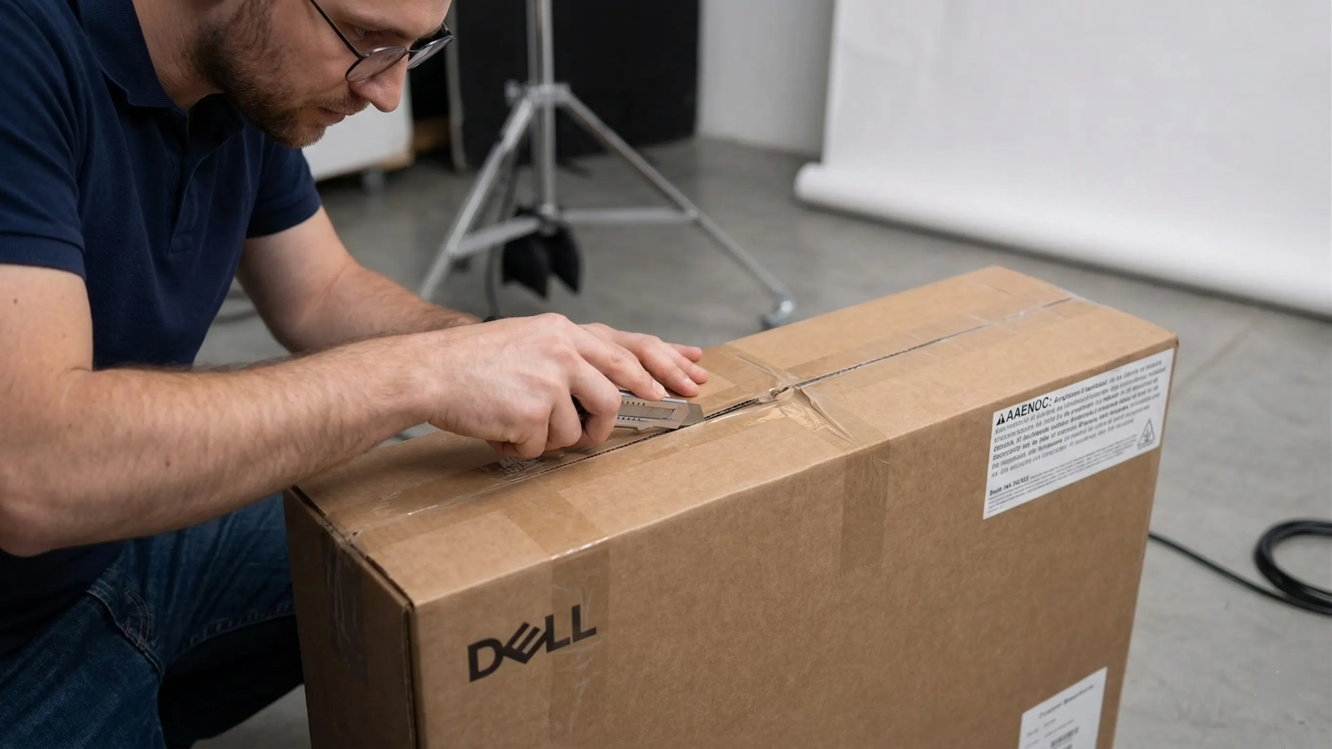 Arkadiusz rozcina taśmę na kartonie Dell Pro 24 All-in-One QC24250