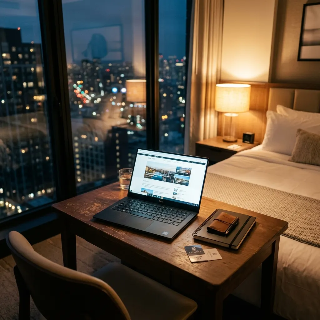 Laptop Dell na biurku w pokoju hotelowym - bezpieczna praca w podróży