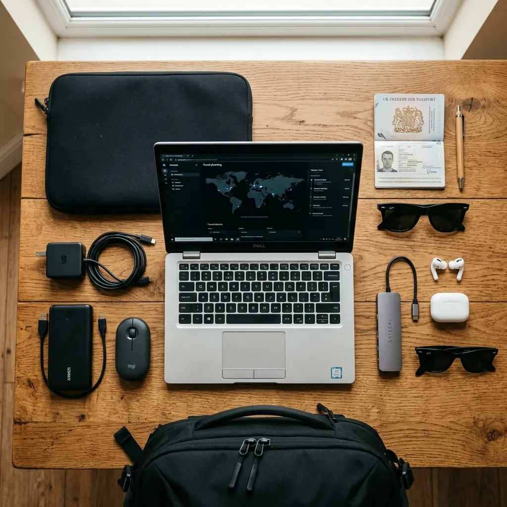 Flatlay - laptop, akcesoria, plecak, paszport - pakowanie na wakacje