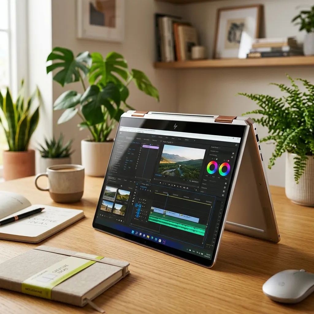 HP Spectre x360 13 cali w trybie namiotu z Adobe Premiere na ekranie