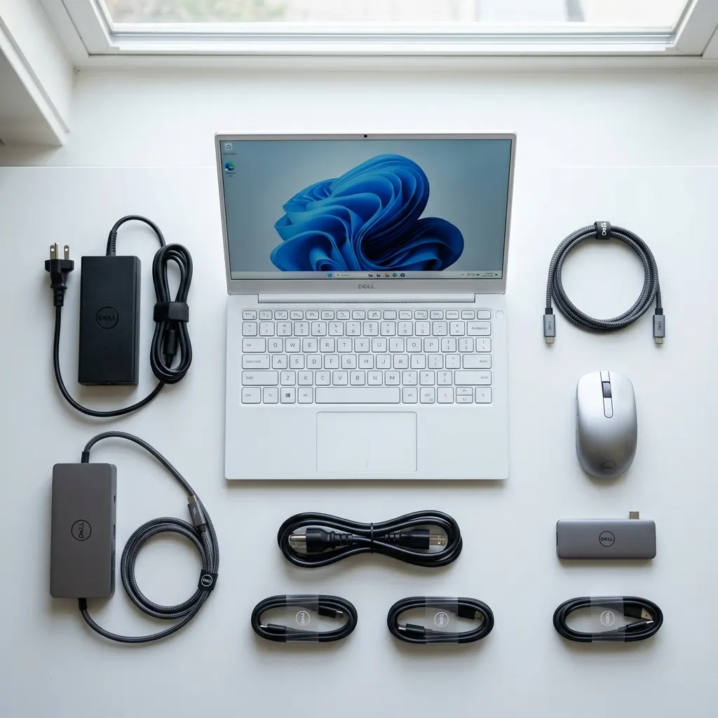 Komplet akcesoriów Dell - laptop, ładowarki, kable, stacja dokująca, mysz