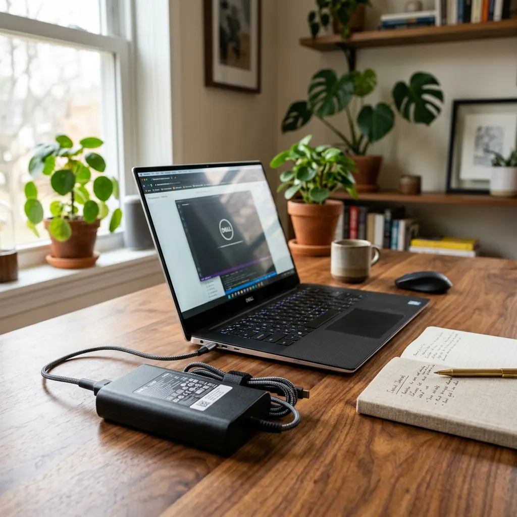Ładowarka Dell 130W przy laptopie Dell XPS na biurku