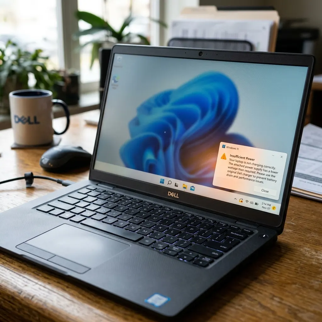Komunikat Windows 11 o niewystarczającej mocy ładowarki Dell