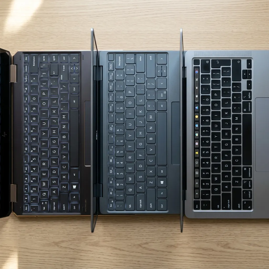 Trzy klawiatury laptopów premium obok siebie - HP Spectre, Dell XPS 13, MacBook Pro 13 z Touch Bar