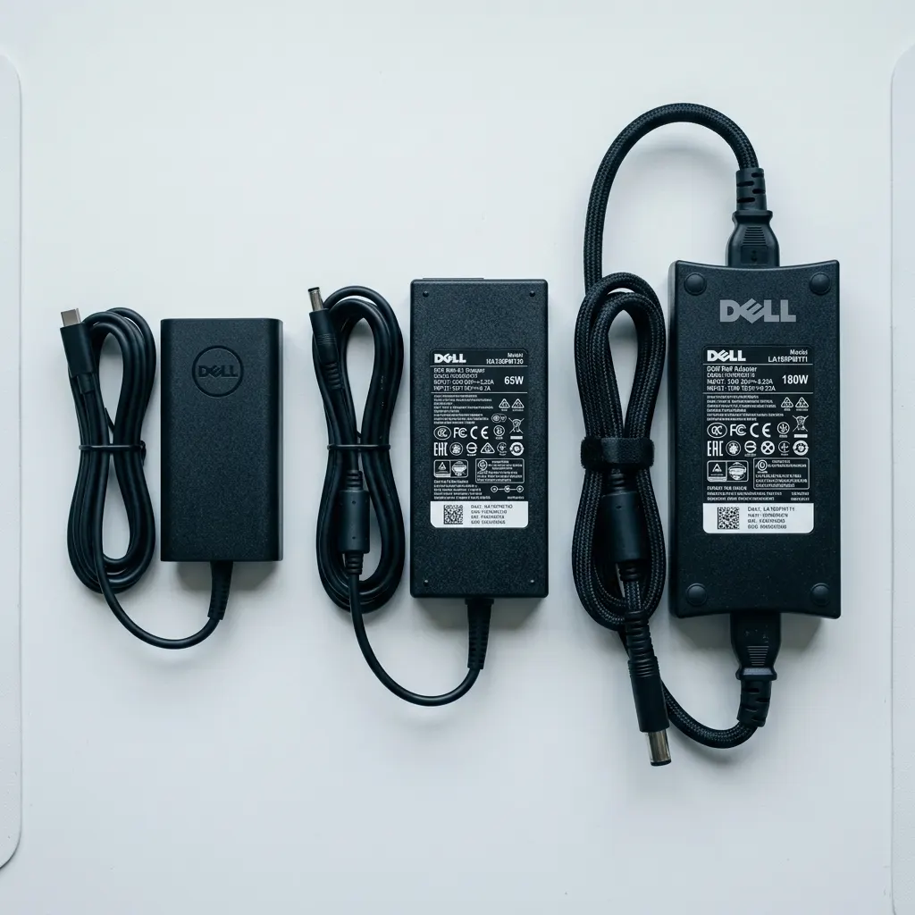 Porównanie ładowarek Dell 65W, 130W i 180W obok siebie