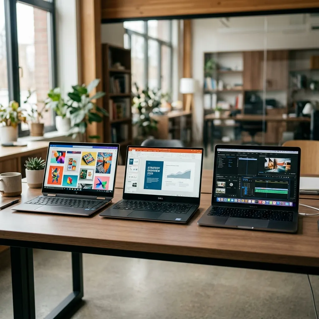 Trzy ultrabooki premium z włączonymi ekranami - HP Spectre, Dell XPS 13, MacBook Pro 13
