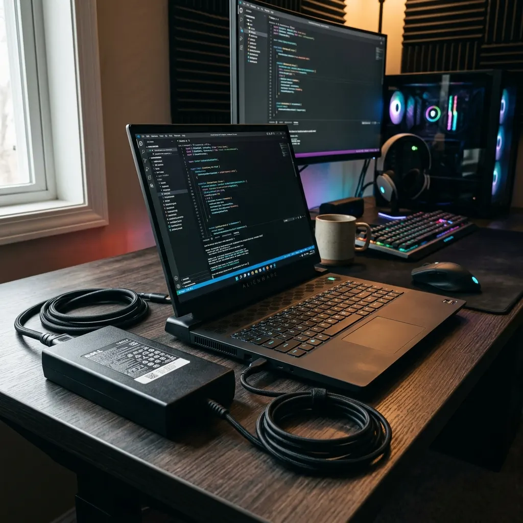 Ładowarka Dell 180W przy laptopie Alienware z gamingowym setupem