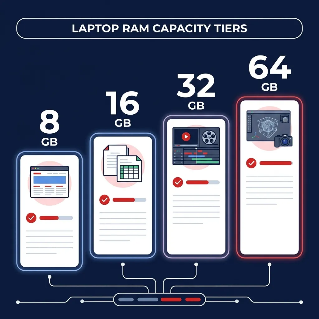 Infografika - cztery przedziały pamięci RAM w laptopie: 8GB, 16GB, 32GB, 64GB