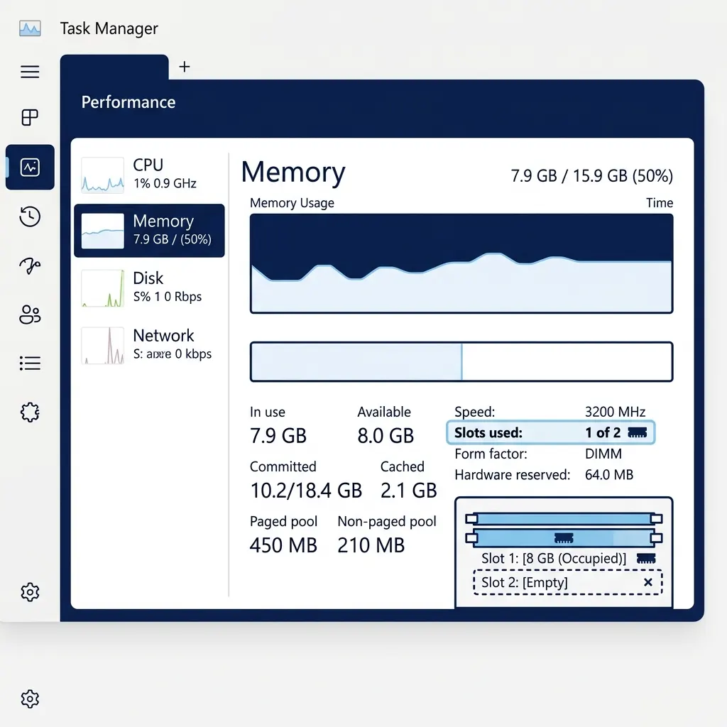 Menedżer zadań Windows - zakładka Wydajność, sekcja Pamięć, widoczne wykorzystanie slotów RAM