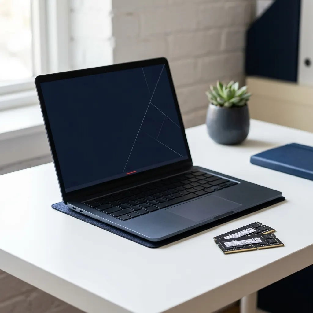 Laptop biznesowy na biurku obok dwóch modułów pamięci RAM SO-DIMM
