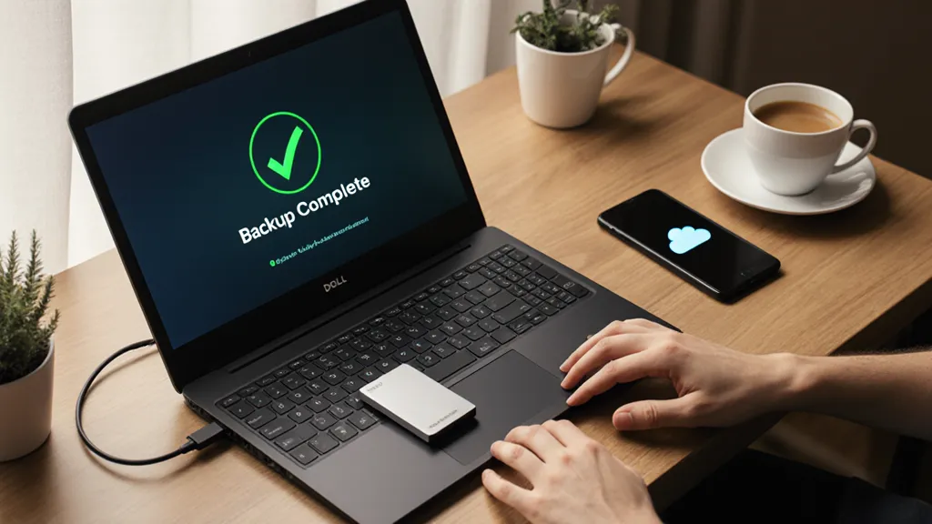 Osoba przy biurku w domowym biurze, laptop Dell pokazuje ekran z napisem Backup Complete i zielonym znakiem, obok zewnętrzny dysk SSD i smartfon z ikoną chmury