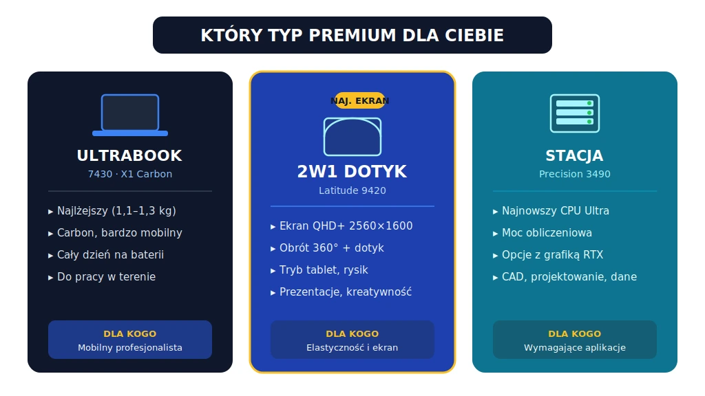 Porównanie typów laptopów premium: ultrabook (Latitude 7430, ThinkPad X1 - lekki, mobilny), 2w1 dotyk (Latitude 9420 - najlepszy ekran), mobilna stacja robocza (Precision 3490 - moc obliczeniowa)