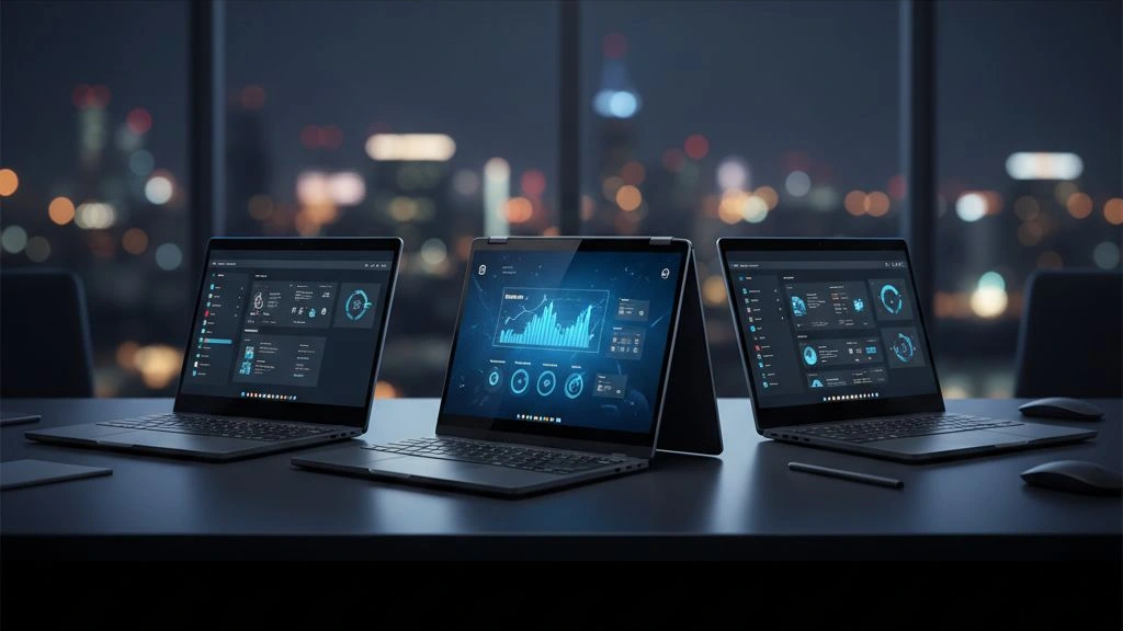 Trzy premium laptopy biznesowe na ciemnym biurku w nowoczesnym gabinecie wieczorem, środkowy to konwertowalny 2w1 z dashboardem na ekranie