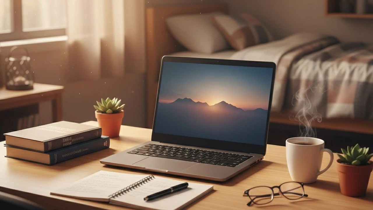 Laptop dla studenta na biurku w akademiku – poranek, książki i kawa