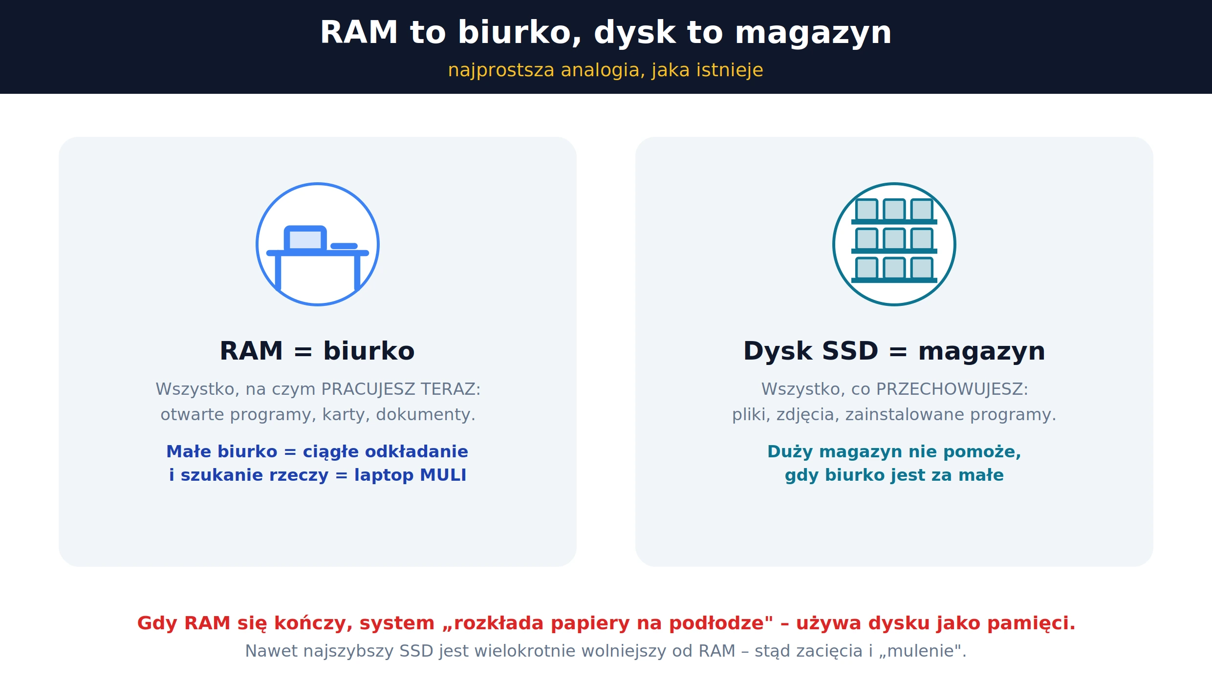 RAM to biurko, dysk to magazyn – najprostsza analogia pamięci komputera