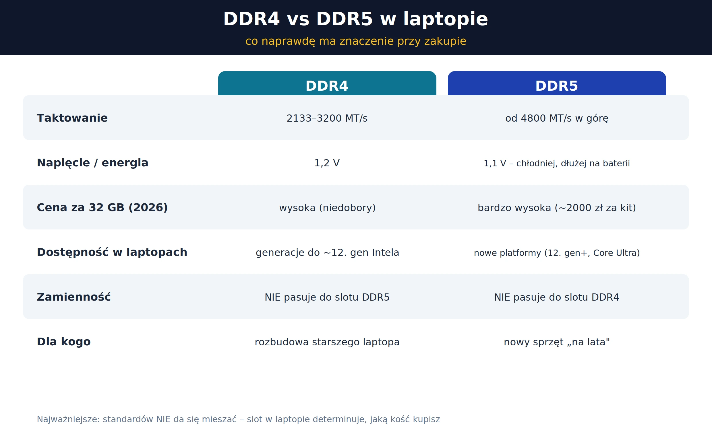 DDR4 vs DDR5 w laptopie – porównanie taktowania, napięcia, cen i zamienności