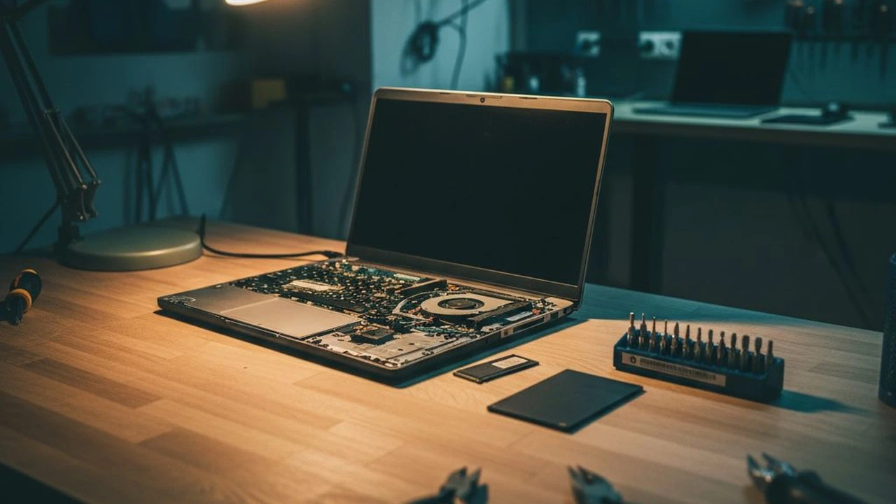 Przyspieszanie wolnego laptopa – otwarty laptop na warsztacie z dyskiem SSD i narzędziami
