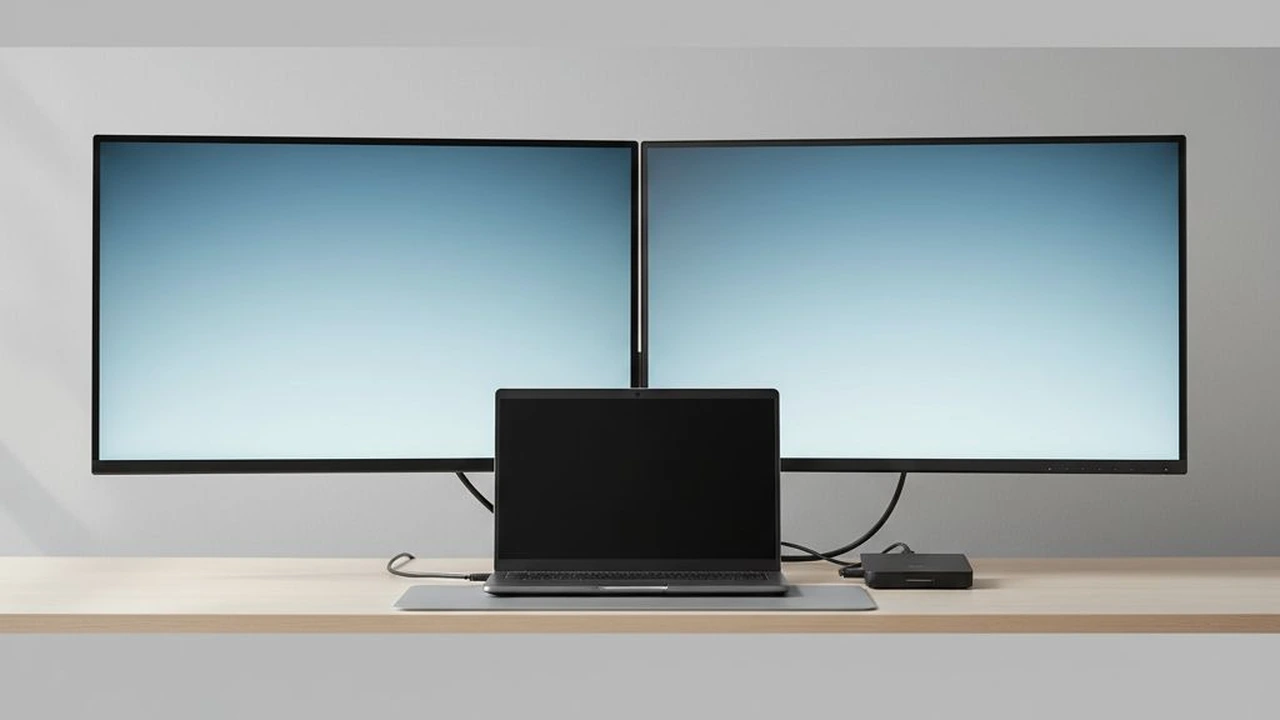 Stacja dokująca przy laptopie z dwoma monitorami – minimalistyczne stanowisko pracy