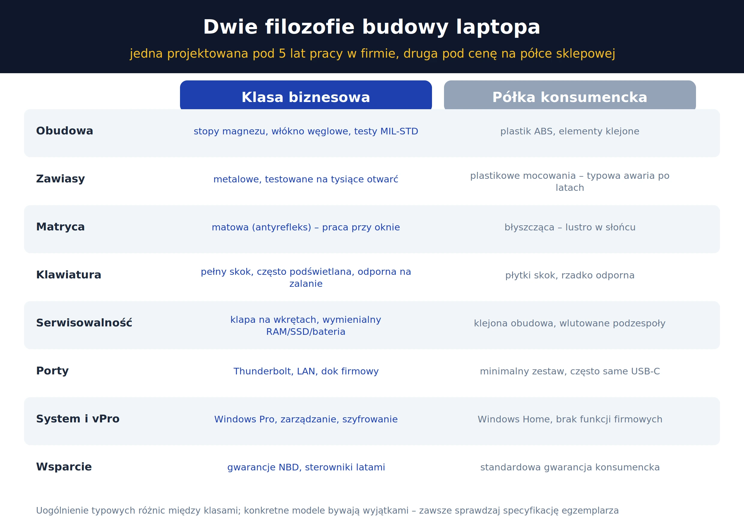 Porównanie laptopa biznesowego i konsumenckiego – obudowa, zawiasy, matryca, serwisowalność, porty