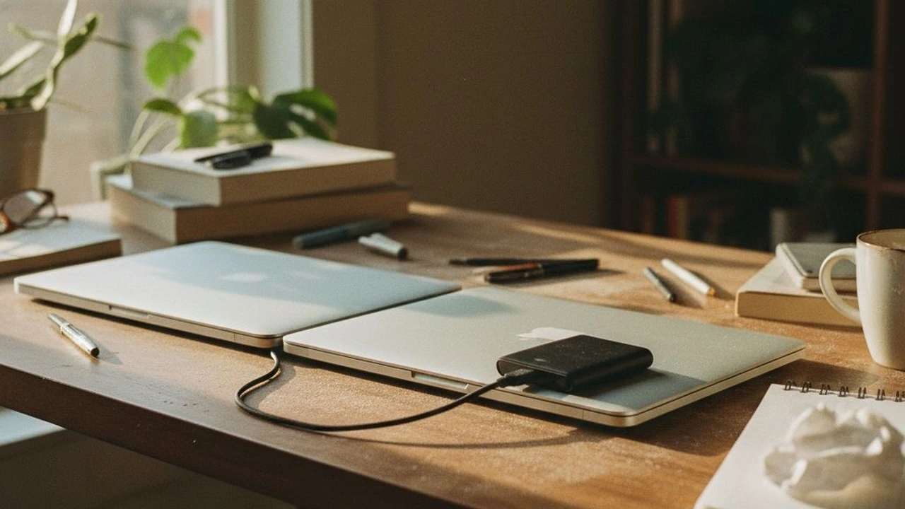 Przenoszenie danych ze starego laptopa na nowy – dwa laptopy i dysk zewnętrzny na biurku
