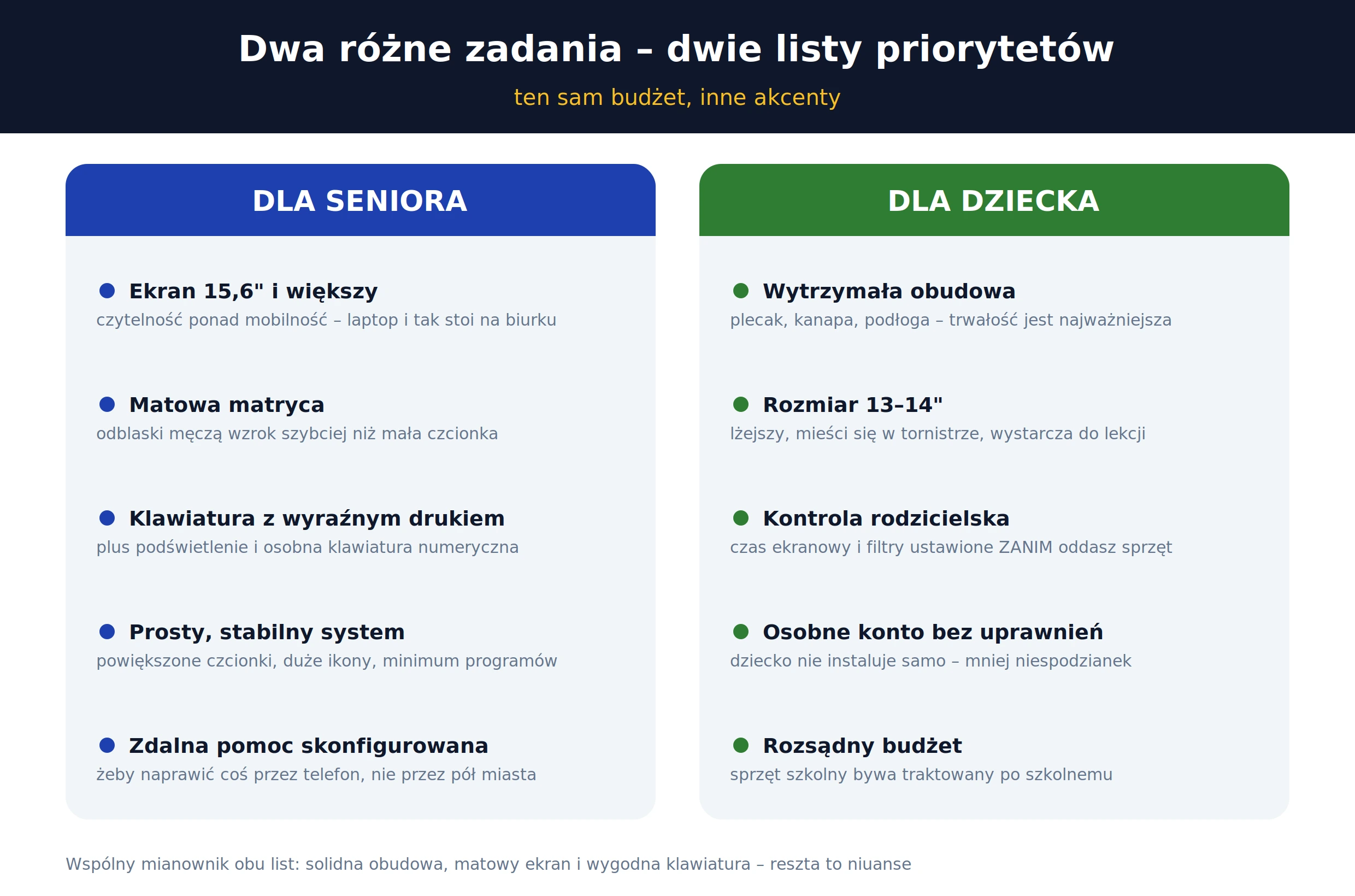 Priorytety przy wyborze laptopa dla seniora i dla dziecka – dwie listy