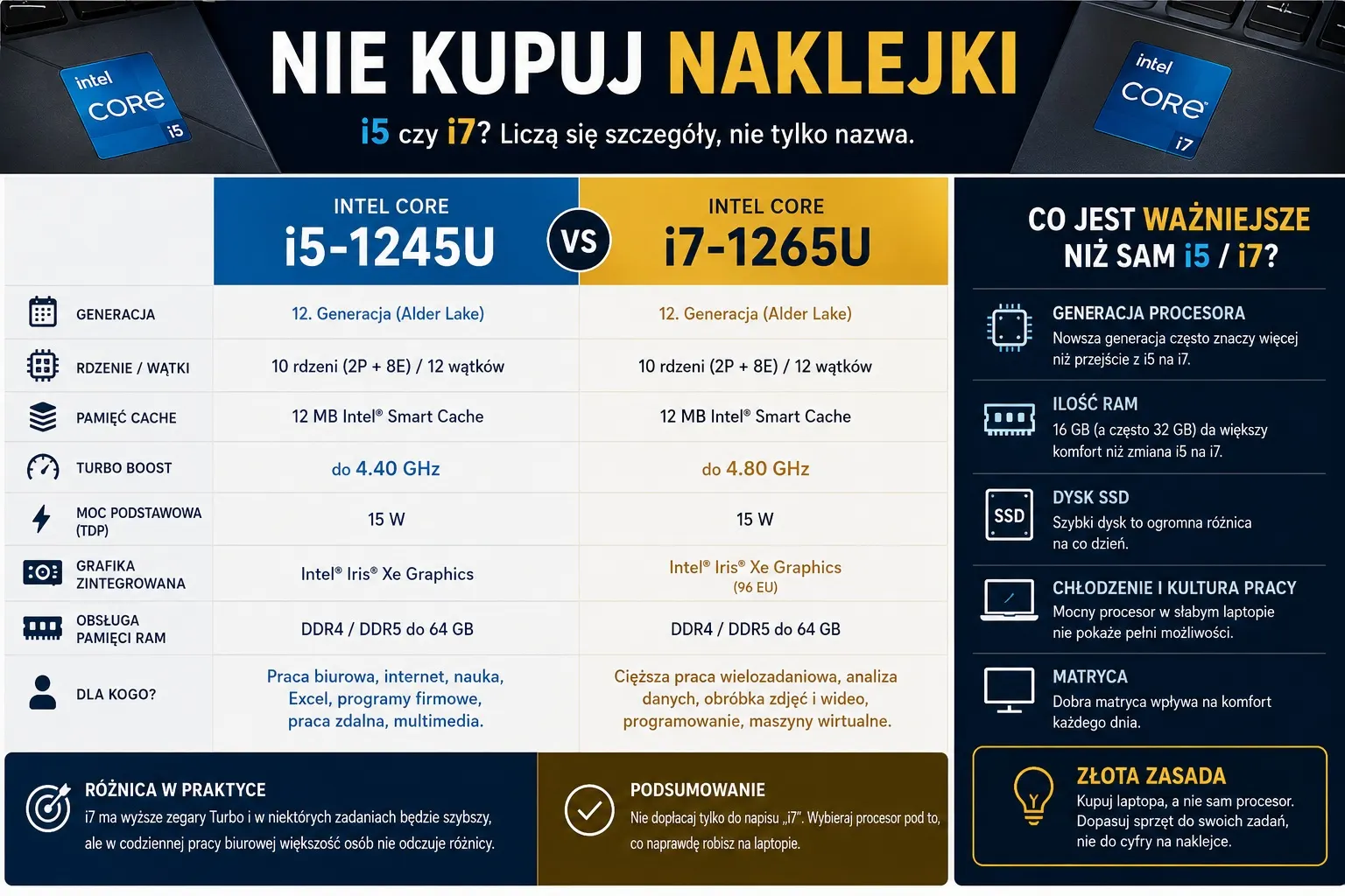Nie kupuj naklejki – porównanie Intel Core i5-1245U i i7-1265U