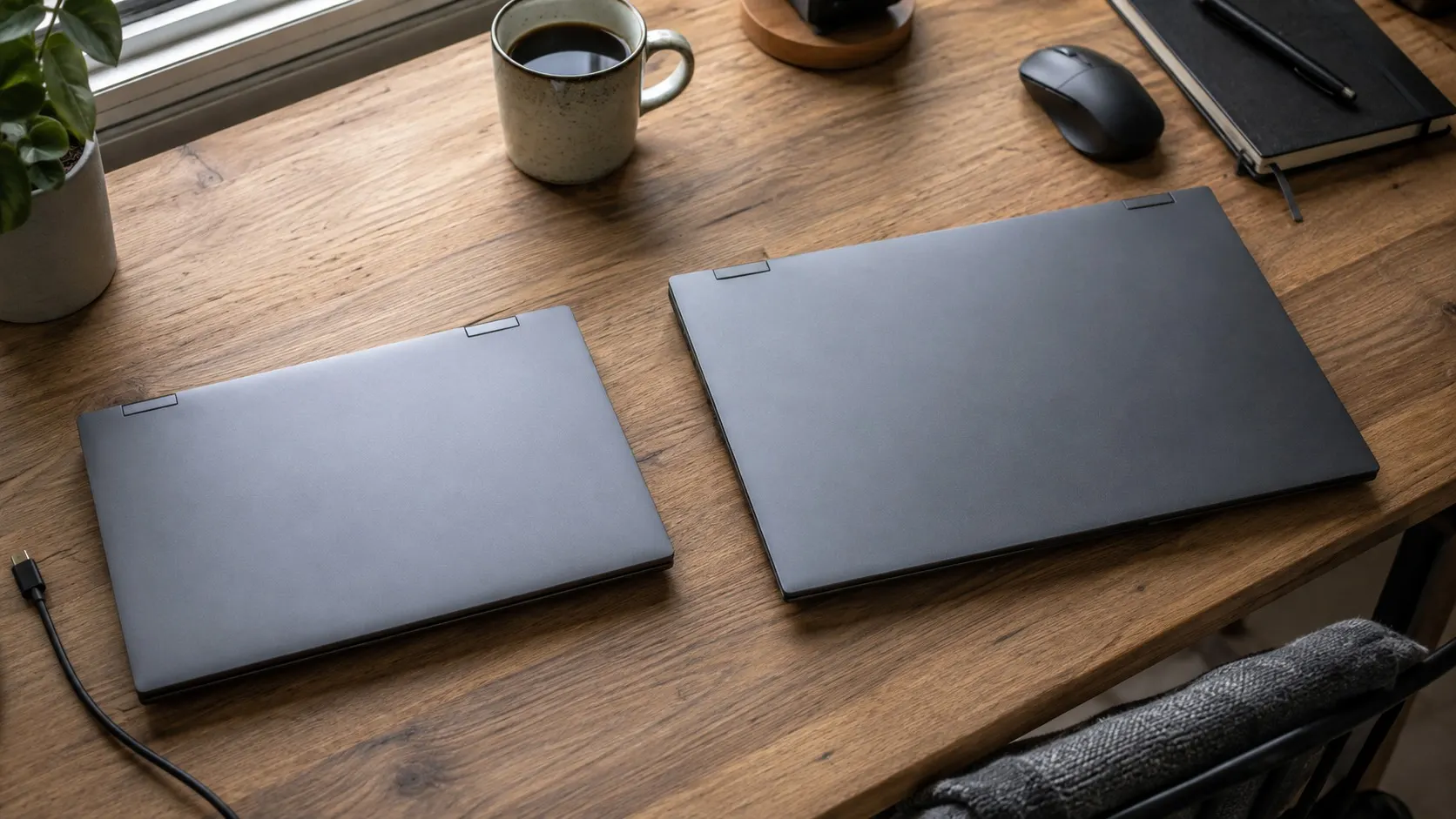 Dwa zamknięte laptopy biznesowe 14 i 15,6 cala na biurku