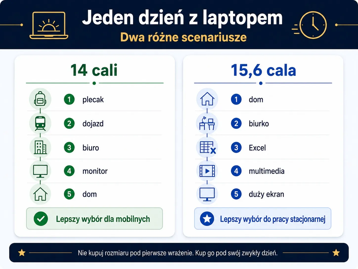 Infografika pokazująca dzień z laptopem 14 cali i 15,6 cala