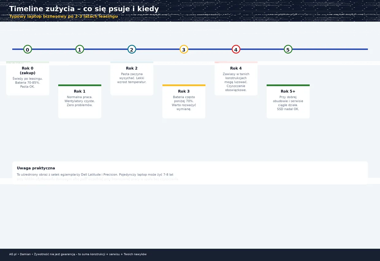 Timeline zużycia komponentów laptopa poleasingowego od roku 0 do 5+