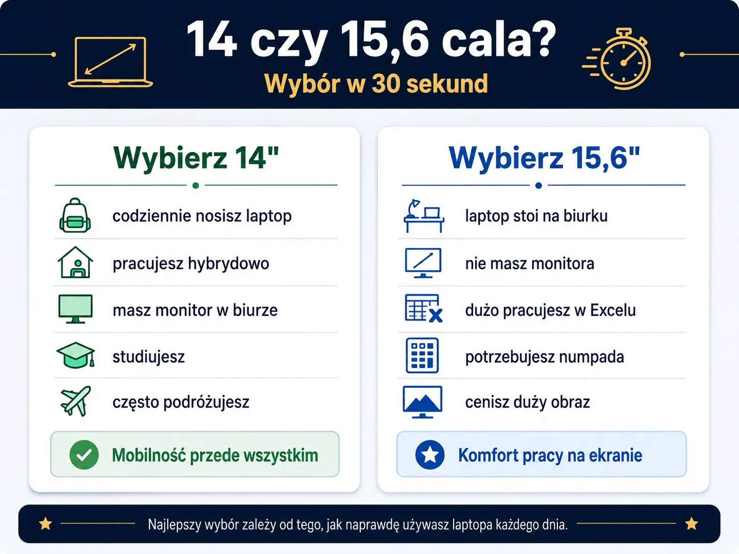 Infografika 14 czy 15,6 cala – wybór laptopa w 30 sekund